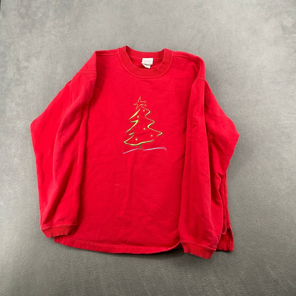 Maze Christmas Tree Embroidered Sweatshirt Red Crewneck Holiday Fleece Mens L